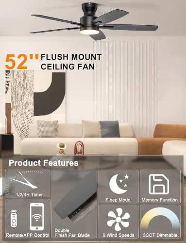 Low Profile Ceiling Fan with Lights 52 Inch Black Remote & App Control