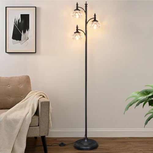 Black Floor Lamp with 3 Rotatable Glass Shades, Dimmable Tall Standing Lamp for Living Room & Bedroom