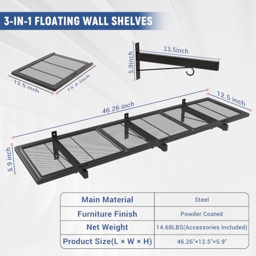 Riciakik 2 Pack Heavy Duty Garage Wall Shelves 46x12.5inch with 8 Hooks, Max Load 320LBS