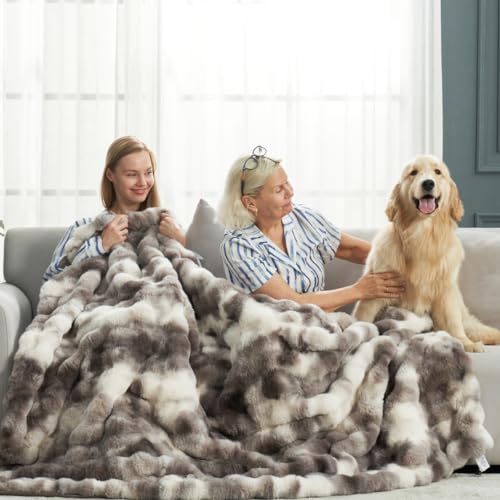 Queen Size Tie-Dye Taupe Faux Fur Throw Blanket - Cozy Bliss Bubble Design