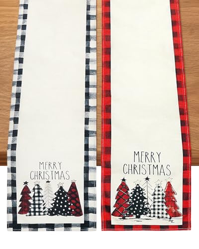 eZAKKA Buffalo Plaid Christmas Table Runner Set of 2 - 72in, Winter Holiday Indoor Decor (Black Tree)