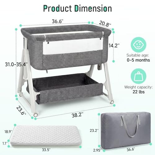Cowiewie Dark Gray 3-in-1 Baby Bassinet Bedside Sleeper with Wheels & Storage