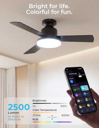 SMAVISTA 42-Inch RGBW LED Ceiling Fan Light with Remote - Black + Walnut, Flush Mount, Dimmable & WiFi Compatible
