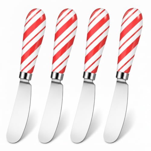 Willinglong 4 Pcs Christmas Red White Stripe Cheese Spreader Knives - Festive Holiday Kitchen Utensils