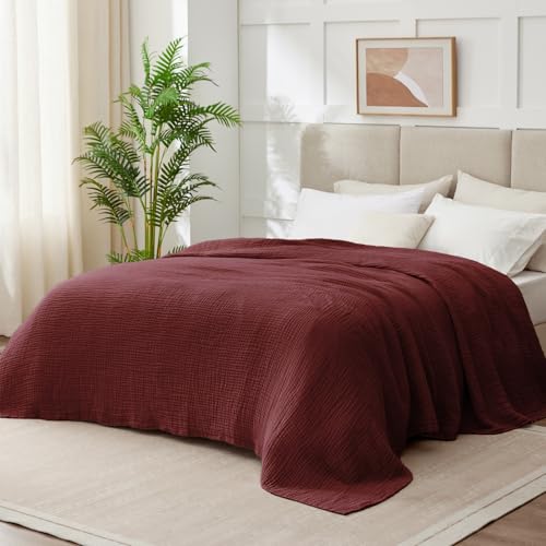 Kozyhvn 6-Layer Cotton Muslin Blanket for Adults, California King 120x90 Burgundy