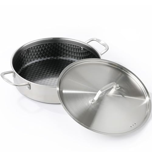 8 Quart Tri-Ply Stainless Steel Braiser Pan with Non-Stick Ceramic Coating