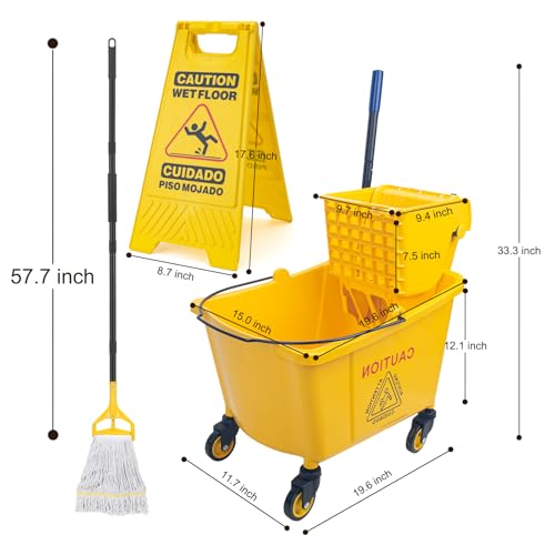 Kefanta 35 Qt Commercial Mop Bucket Set with Wringer on Wheels, Yellow