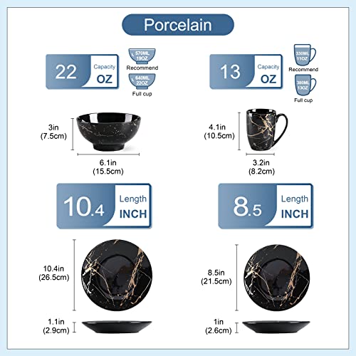 Black & Gold 16-Piece Dinnerware Set for 4 - Porcelain Plates Bowls Mugs