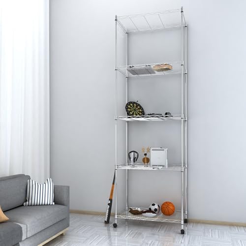 Homdox 5-Tier Steel Wire Shelving Unit with Wheels - 23.23 x 13.78 x 72.05 Inch, Silver Heavy Duty Storage Rack