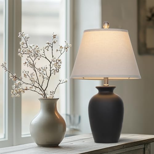 Black Ceramic Farmhouse Table Lamp - 22 Inch Rustic Ginger Jar Accent Light