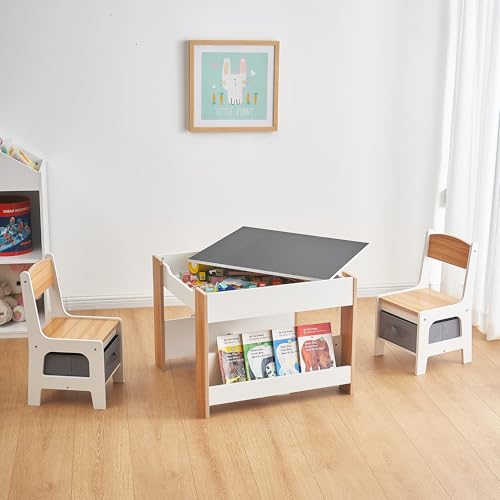 Kids 4-in-1 Table and Chair Set with Storage & Whiteboard Chalkboard