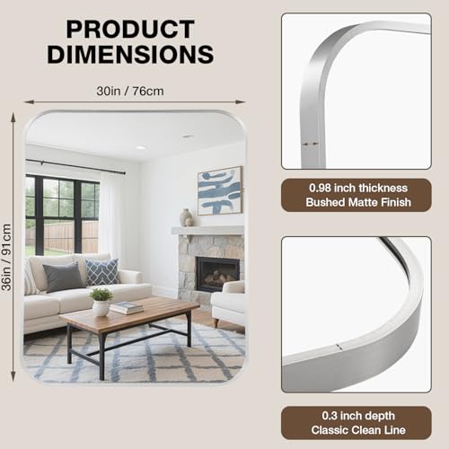 MZON 30x36 Inch Brushed Nickel Bathroom Mirror Over Sink, Modern European Style