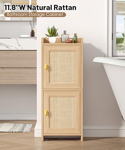 Akxomel Natural Oak Rattan Narrow Bathroom Cabinet – Compact Toilet Paper Organizer, 7.9''D x 11.8''W x 27.6''H