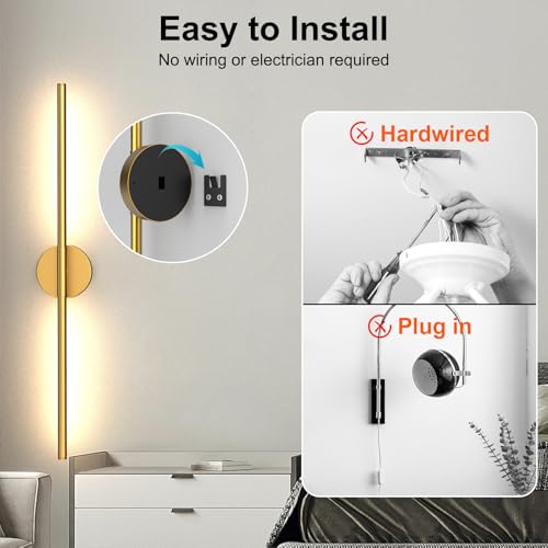 Tartek Gold Round 32 Inch Rechargeable LED Wall Sconce Set of 2, Dimmable & Remote Control