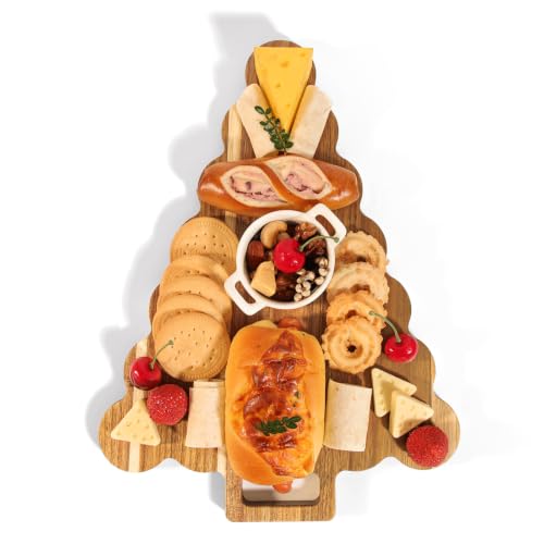 Christmas Tree Acacia Wood Serving & Cutting Board with Handle, Festive Cheese Platter