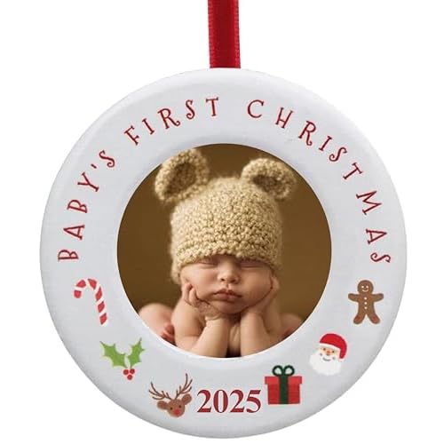 BANBERRY DESIGNS Baby's First Christmas Photo Ornament - 2025 - Picture Ornament for Newborns - 3.5" Dia - Hangs on Tree or Sits with Easel Back - Holds 2" Dia Photo