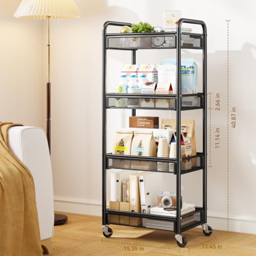 YASONIC 4-Tier Rolling Storage Cart with Wheels - Black Metal Utility Cart