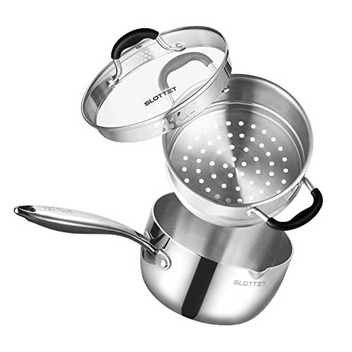 SLOTTET 1.5 Quart Tri-Ply Stainless Steel Saucepan with Steamer, Glass Lid & Pour Spout