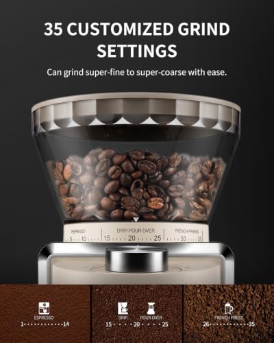 KIDISLE Conical Burr Coffee Grinder 2.0 Beige - Adjustable 35 Settings for Home Use