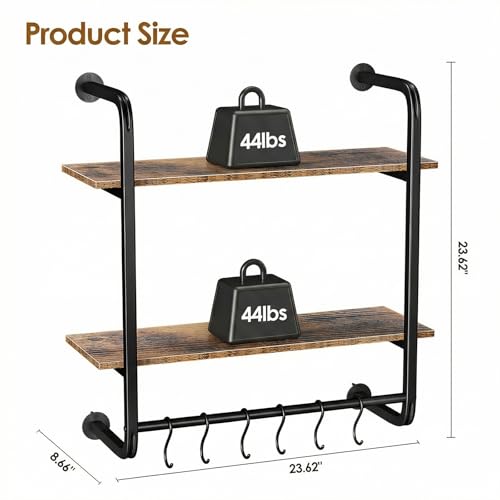 2-Tier Industrial Pipe Floating Wall Shelf - 24 Inch Kitchen & Living Room Storage