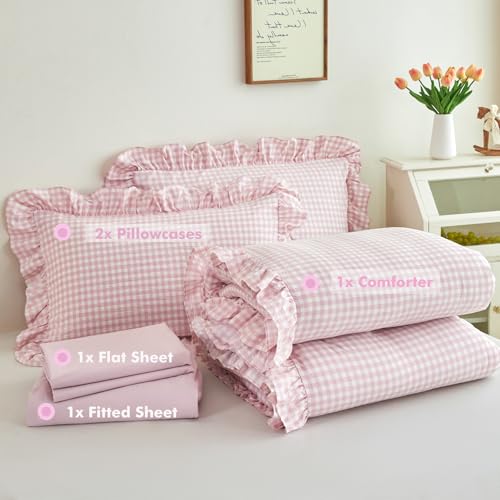 Pink Gingham Full Bedding Set for Girls - 5 Pieces Ruffled Bed Comforter & Sheets