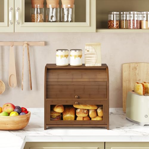Brown Bamboo Bread Box for Kitchen Countertop, 2-Tier Roll-Top Food Storage