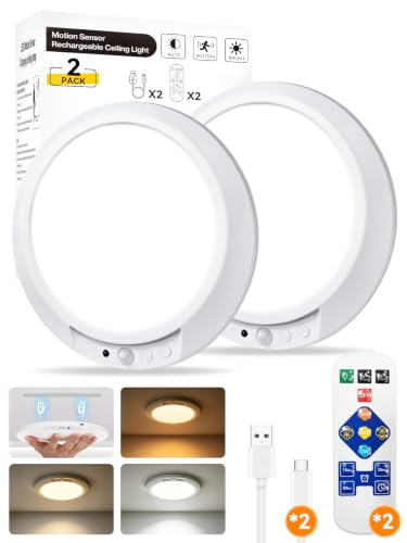 Rechargeable Ceiling Light with Remote & Motion Sensor - 2 Pack - 7.55 Inch, Dimmable 3-Color LED for Closet & Shower - Variation 2