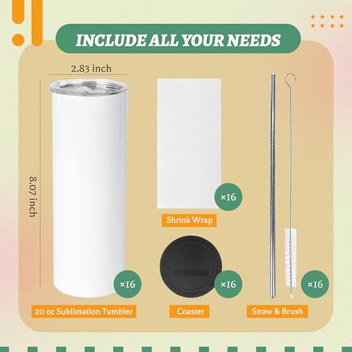 20 oz Sublimation Tumbler Blank Pack of 16 - Flat Edge Skinny Stainless Steel