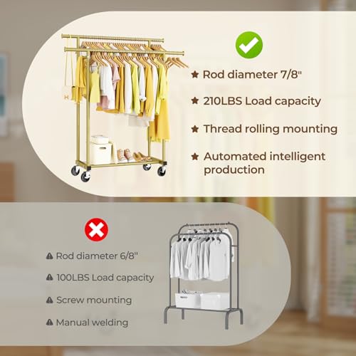 Double Rod Clothes Rack with Wheels, Sturdy Portable Garment Rack for Bedroom Laundry