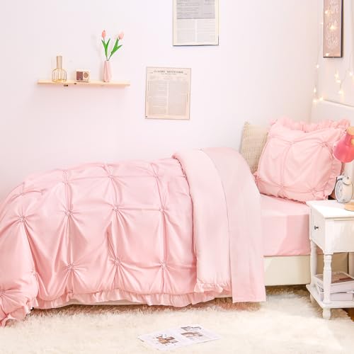 Twin Comforter Set for Girls, Boho Pintuck Bedding Sets, 4 Pieces