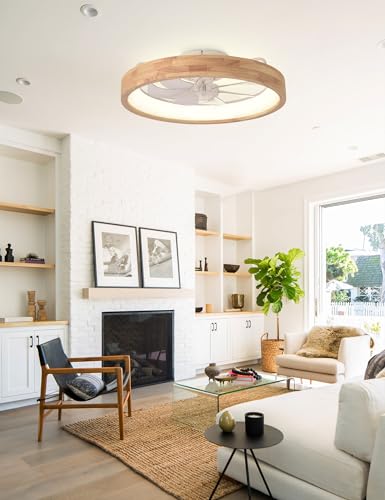 20-Inch Wooden Modern Low Profile Flush Mount Ceiling Fan with Light - Variation: Wood