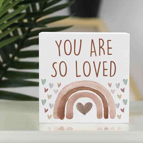 You Are So Loved Boho Rainbow Wooden Box Sign, Little Reminders Desk Sign, Inspirational Quotes Sign Decoration for Kids Room Office Nursery Playroom Girls Room Dorm -A26