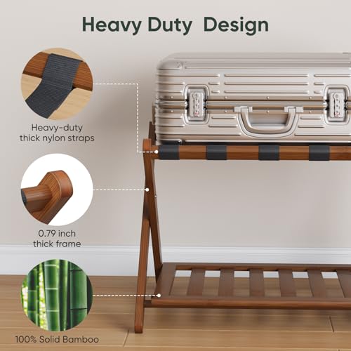 Smart FENDEE Walnut Fully Assembled Bamboo Luggage Rack with Shoe Shelf - Heavy-Duty Suitcase Stand for Guest Room, Bedroom, Hotel, 1 Pack
