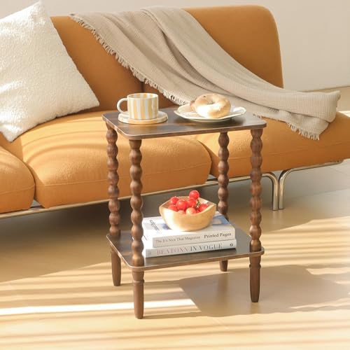 Rustic Brown Side Table Set of 2 with 2-Tier Shelves - Small End Tables