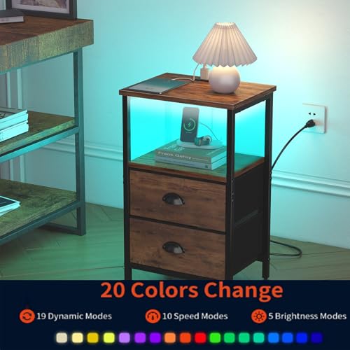Rustic Brown Nightstand Set of 2 with LED Light & Charging Station - Industrial Bedside Tables with Fabric Drawers, 3-Tier Storage