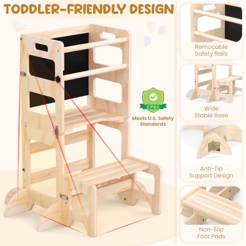 Cravenook Natural 4-in-1 Toddler Kitchen Step Stool & Learning Tower