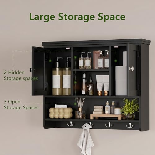 Keehusux Black Striped Wall-Mounted Bathroom Cabinet with Doors & Hooks, 3-Tier, 31.5"W