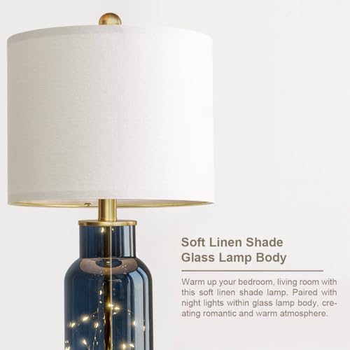Oneach 22-Inch Blue Glass Table Lamps Set of 2 with USB Charging & Nightlight