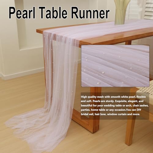 10 FT White Pearl Table Runner Tulle Fabric Lace Table Runners for Bridal Shower Birthday Party Wedding Arch Veil Dessert Table Decorations 29.5x120 Inches