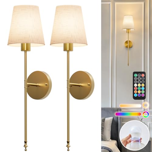 Brightown Linen Battery Operated Wall Sconces Set of 2 - Wireless Modern Wall Decor