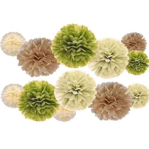 Sage Green Olive Ivory and Champagne Tan Tissue Paper Pom Poms Flower for Baby Shower Spring Summer Jungle Birthday Wedding Graduation Party Decoration, 12pc