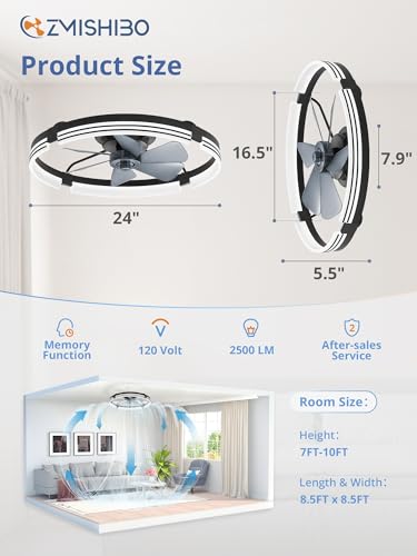 24 Inch Black Low Profile Ceiling Fan with Lights Remote & Bluetooth Control