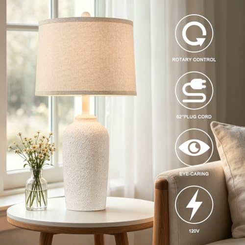 Farmhouse Table Lamp for Living Room & Bedroom - Antique White Stone-Like Bedside Lamp