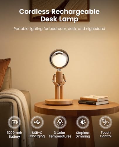 Vadifula Beech Wood Rechargeable Cordless Dimmable Desk Lamp - Touch Nightstand Light