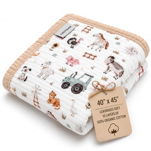 Organic Cotton Muslin Baby Blanket Farm Variation - Soft, Breathable Toddler Swaddle for Boys & Girls