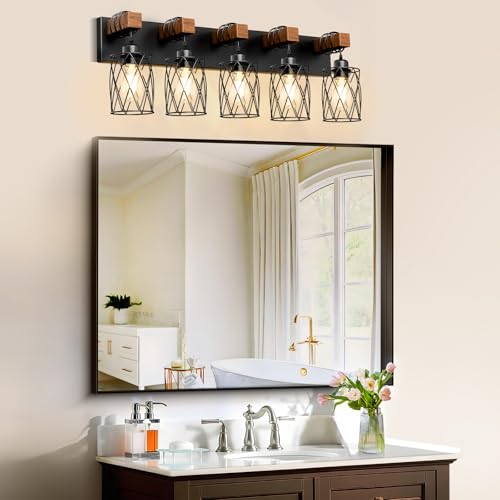 Black Farmhouse Bathroom Vanity Light - 5-Light Wood & Metal Fixture, Over Mirror
