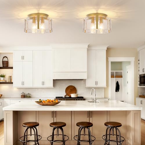 Xeruyiwa 15-Inch Gold Semi Flush Mount Ceiling Light - Dimmable 3-Light Drum Glass Fixture