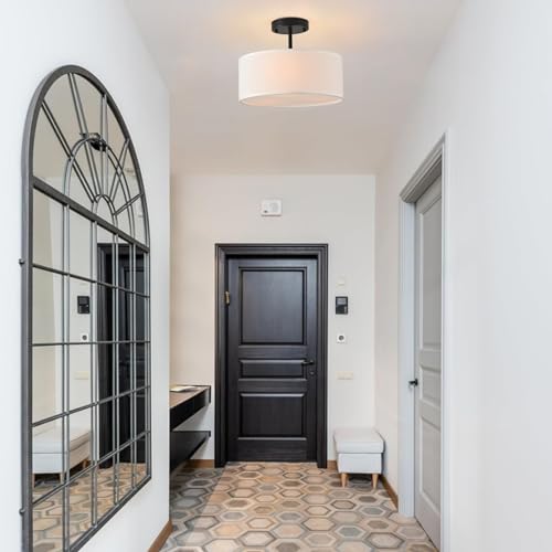Semi Flush Mount Ceiling Light - 13-Inch Black Drum Fixture with White Fabric Shade - Variation: Black / 13 Inch