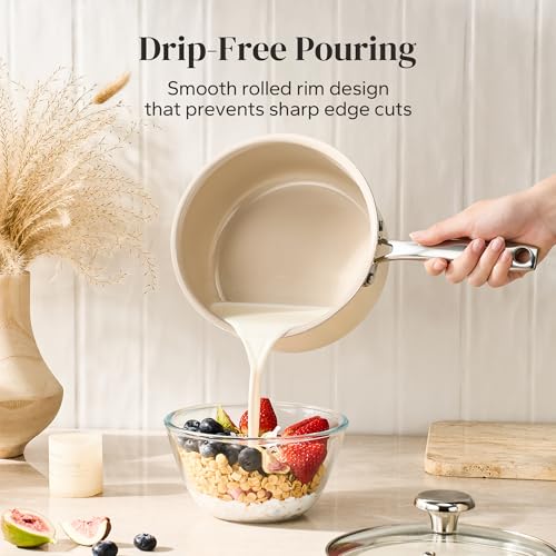Mini Ceramic Cookware Set with 8-Inch Frying Pan & 2.5QT Saucepan - Beige, 3-Piece
