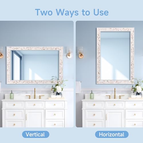 24 x 36 Inch White Mosaic Bathroom Wall Mirror - Natural Shell Frame, Tempered Glass, Coastal Style Variation of THIS listing